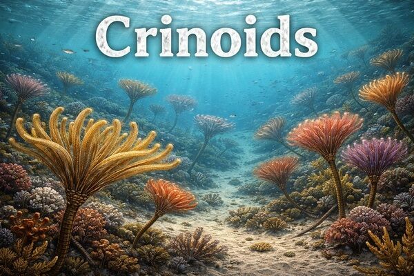 A reconstruction of an ancient seafloor during the Paleozoic Era, where towering crinoids—often called sea lilies—formed dense underwater forests, filtering nutrients from warm, shallow seas hundreds of millions of years ago.